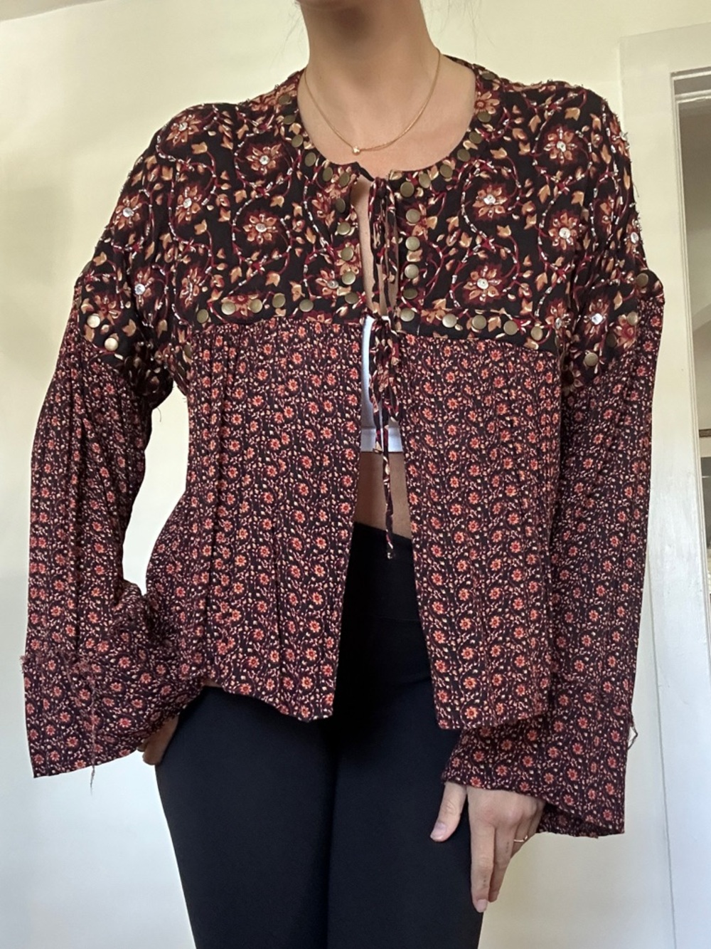 Free People Mixed Floral Tie-Neck Blouse in Burgundy and Black